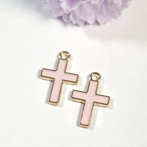 2 Gold Tone Pink Enamel Cross Charms or Pendants Jewelry Making Gifts